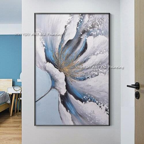 100% Handmade Abstract White Blue Flowers Oil Painting Knife Canvas Art Textured Artwork Craft Home Hotel Decoration