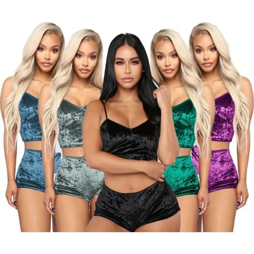 2 Pieces Pyjamas Women Solid Soft Sexy Nightwear Suit Velvet Lingerie Pleated Sleepwear Sets Strap Girls Top+Loose Shorts