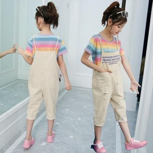 IENENS Summer Girl Clothes Sets Rainbow Tees + Overalls Fit 4-13 Years Kids Clothing Child Casual Outfits Baby Cotton Suits