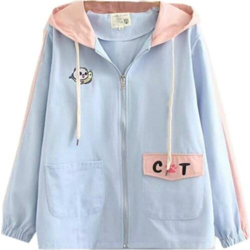 Merry Pretty Skyblue Drawstring Hooded Jacket Women Embroidery Casual Zip Up Autumn Sweet Coats for Girls Outerwear Bomber Coat