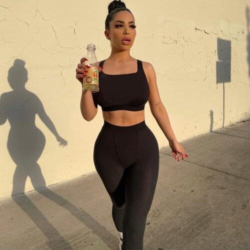 ITFABS Summer Active Wear Ribbed Knitted Women 2 Piece Set Gym Crop Top Tanks Leggings Casual Streetwear Sporty Tracksuit