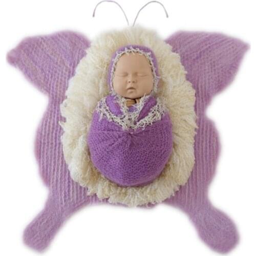 Purple Lace Stretch Wrap Hat Full Set Newborn Knitted Mohair Soft Bonnet Baby Swaddle Sack Wrap Newborn Photography Props Layer