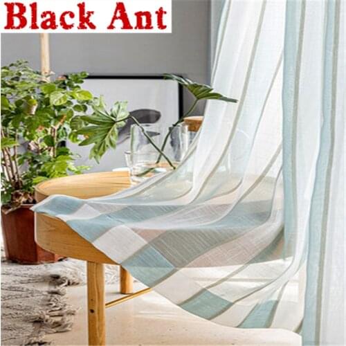 Linen Striped Sheer Curtain For Living Room Gauze Curtain Nordic Minimalist Bay Door Window Screen Finished Kitchen DrapesJD1059