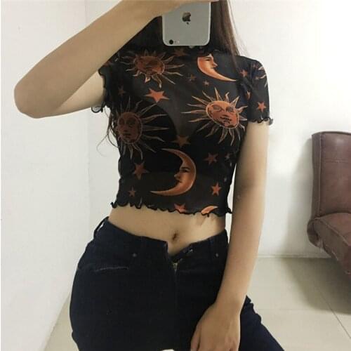 Fashion Women Summer Clothing Pattern See Through Tee Club Short Sleeve Crop Tops See Through T-Shirt