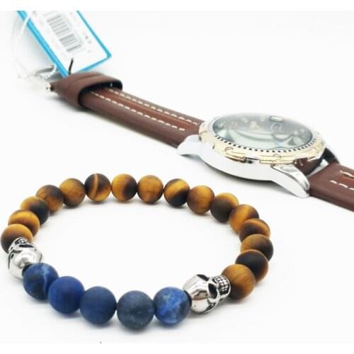 Wholesale beaded men bracelets handmade Sodalite tiger eye stone stainless steel skull bracelet jewelry 50pcs/lot+free shipping