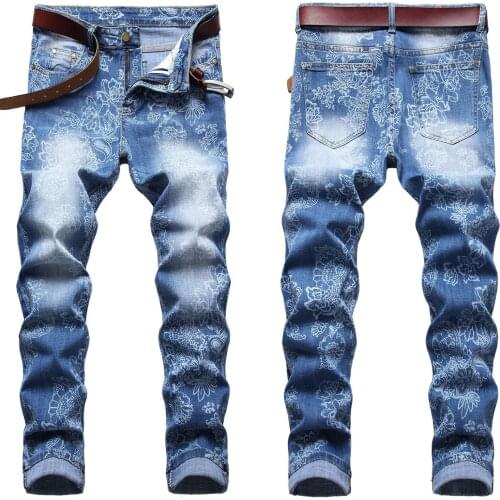 Men’s light luxury flowers printing denim pants slimming stretch jeans white wash casual jeans pants