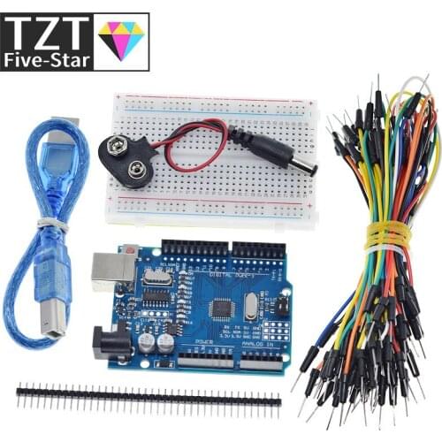 TZT Starter Kit for arduino Uno R3 - Bundle of 5 Items: Uno R3, Breadboard, Jumper Wires, USB Cable and 9V Battery Connector