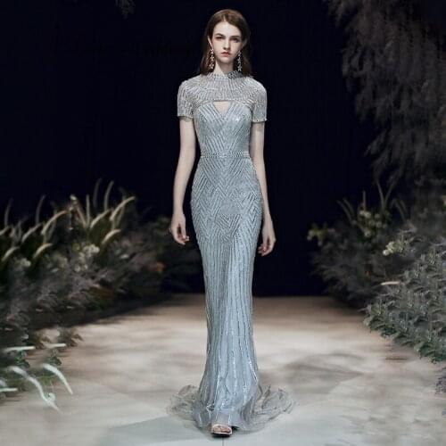 New Arrival 2020 Evening Dresses Long Luxury Beaded Formal Gown Gray Short Sleeves Trumpet Evening Gown for Party