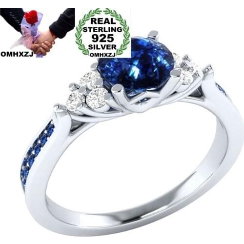 OMHXZJ Wholesale European Fashion Woman Man Party Wedding Gift Silver Blue Round AAA Zircon 925 Sterling Silver Ring RR61
