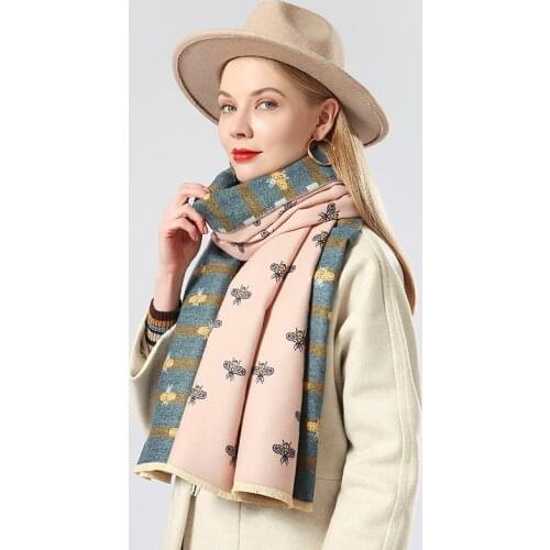 Luxury brand double-sided scarf women Mrs Winter warm cashmere shawl scarf animal bee printing soft thin blanket Holiday gifts