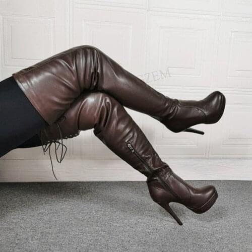 SEIIHEM Women Over Knee High Platform Boots Stiletto High Heels Boots Side Zip Party Ladies Shoes Woman Large Size 43 44 47 52