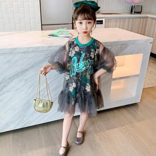 Girls mesh patchwork dress summer new Sequined fashion dress children short sleeve print dress kids clothes ws1647