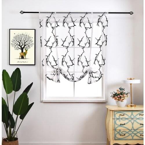 Branches Embroidery Roman Short Curtains for Living Room Window Screens Tulle Rod Style White Black Voile Curtain for Kitchen