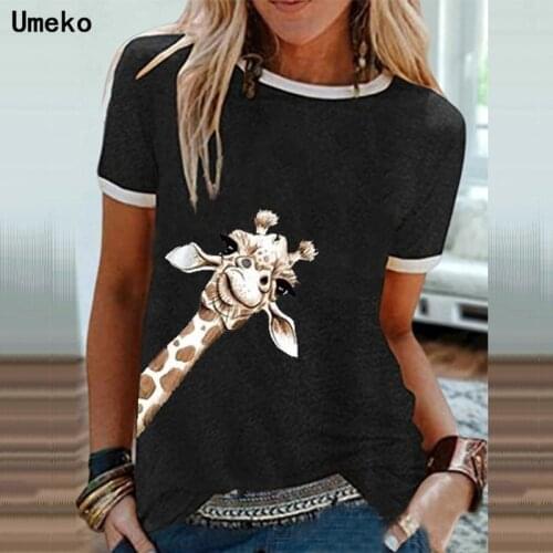 Umeko Plus Size Giraffe Graphic T-Shirts Women Casual Cute O-Neck Short Sleeve Y2k Tees Top Lovely Tshirts Lady Summer Clothing