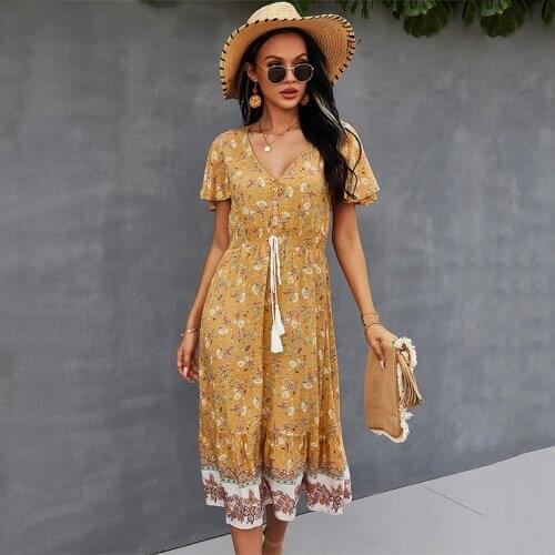 Nice Spring New Bohemian Floral Dress Women Casual V Neck Tassel Bandage Floral Print Dress Ladies High Waist Summer Dresses