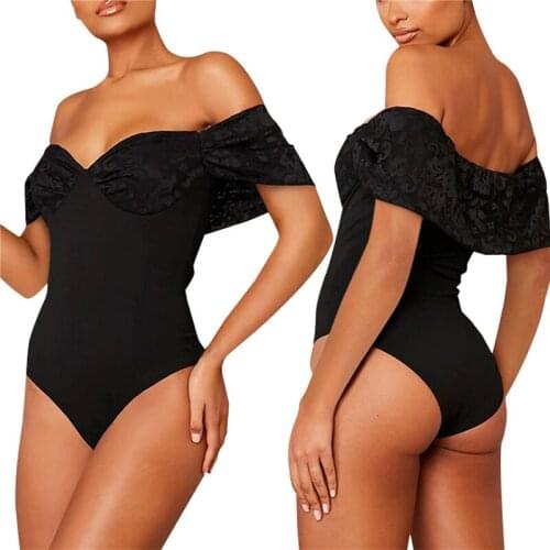 Women’s Fashion Solid Color Bikini Sexy Lace Stitching Short Sleeve Boat Neck High Waist Tight Jumpsuit Two Ways to Wear Swim