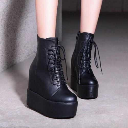 Winter Fashion High Platform Boots Leather High Wedges Ankle Boots Women 2021 New Female Punk Style High Heels Shoes for Woman