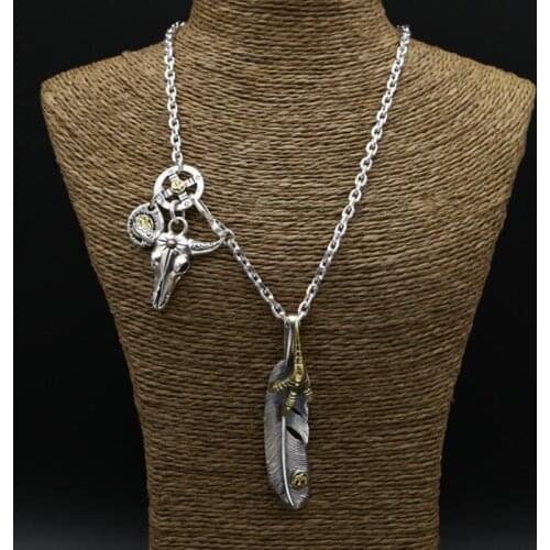 56g Solid 925 Sterling Silver Long Necklace Men Vintage Indian Style Bull & Claw Charms 4mm Chain With Eagle Tag Jewelry Men