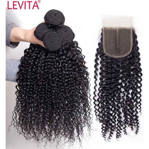 Afro Kinky Curly Bundles With Closure 4x1 Brazilian Human Hair Weave Bundles With Closure Hair Extension Curly Hair Products