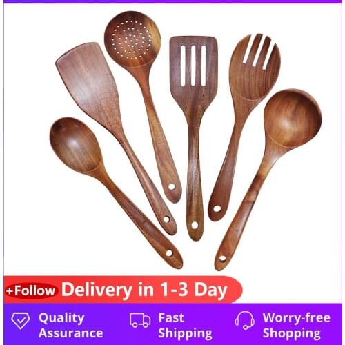 Wooden Utensils Set of 6 Large Kitchen Cooking Utensil for Non Stick Cookware Natural Teak Wood Spoons Spatula Ladle Colander