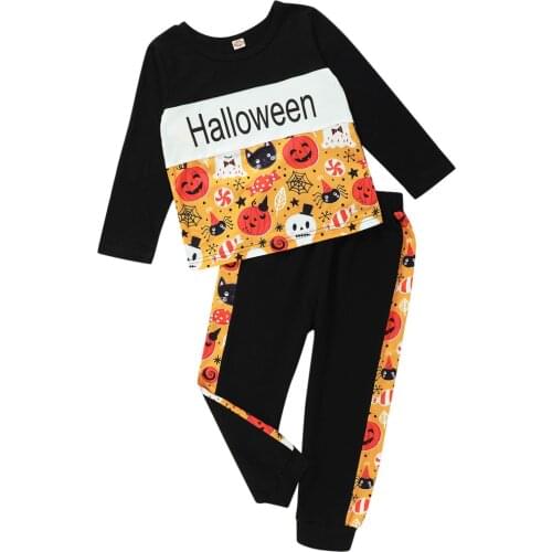 Childrens Set Toddler Baby Boys Halloween Letter T-Shirt Tops + Pumpkin Cartoon Pants Outfits Kids Clothes Boys