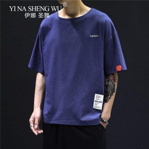 5XL 4XL 115KG Men Clothes Casual Loose Hip Hop Shirt Sleeve Young Tide Mens Student Summer Short Men Sleev Linen Fabric T-Shirt
