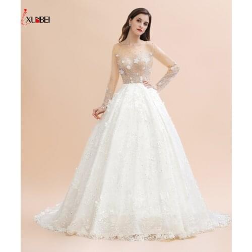 Hot New Real Long Wedding Dresses Crystal Beads Flowers Wedding Dresses Vestido De Noiva Mariage Bridal Gown Luxurious