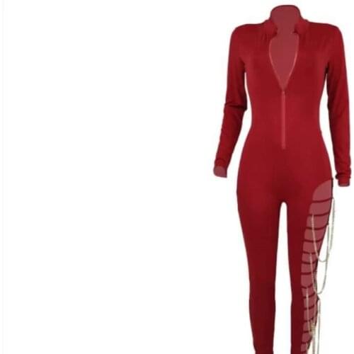 Ready to Ship New Style 2021 Sexy One Piece Jumpsuits Solid Color Hollow Out Chain Decoration One Piece Jumpsuits