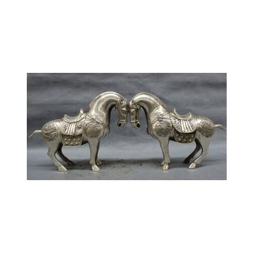 Copper Brass CHINESE crafts Asian voge joya S3194 14 " Folk chino plata riqueza Dragon Phoenix Tang caballo estatua par