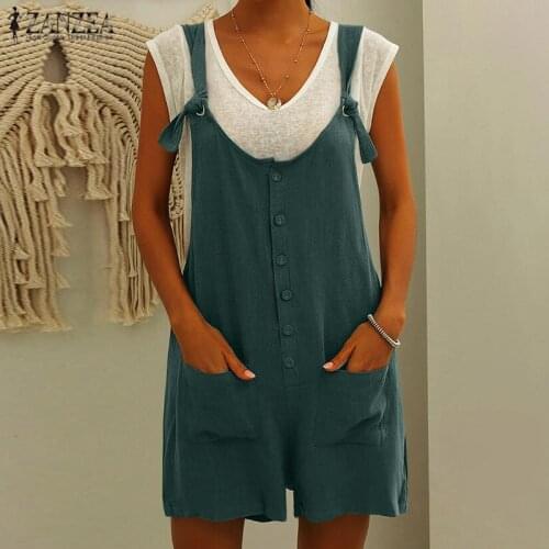 ZANZEA Summer Jumpsuits Women Solid Overalls Fashion Straps Short Rompers Casual Loose Playsuits Female Pockets Suspenders