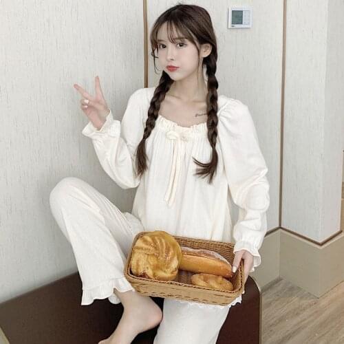 Korean Loose Pajamas For Girl New Spring Autumn Sleepwear Set Lace Sweet Cotton Womens Winter Nightwear Pijamas Suit White/Pink