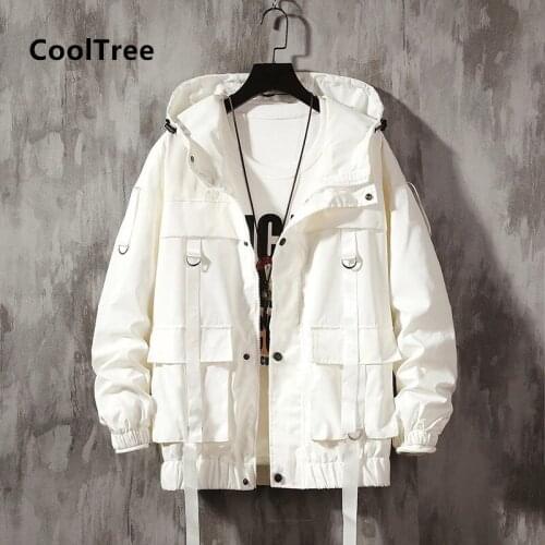 CoolTree Men Jackets Spring Autumn Harajuku Hip Hop Loose Hooded Coats Male Zipper Streetwear Solid color Windbreaker Outerwear