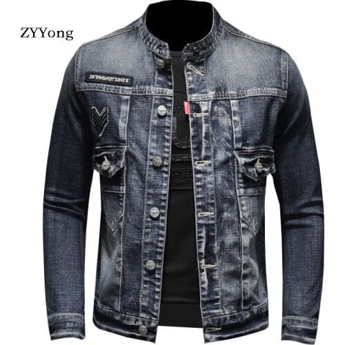 New Spring European Style Stand Collar Single Breasted Bomber Pilot Blue Denim Jacket Men Jean Coat Motorcycle Casual Clothing