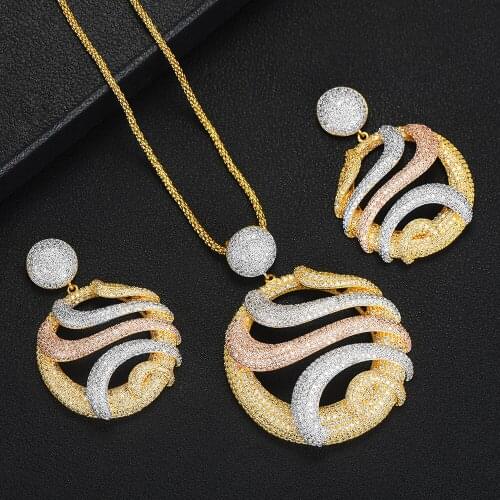 LARRAURI 2PCS Big Round Pendant Earrings Necklace Jewelry Set Luxury Dubai Bridal Wedding Super CZ New Design Accessories