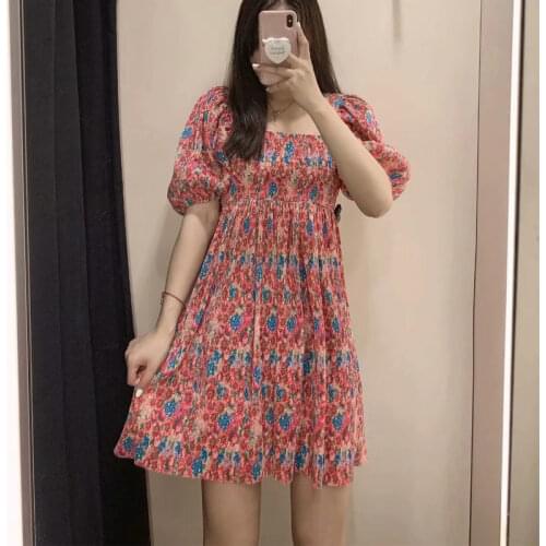 Za Summer Vintage Ruffles Pleated Slim Dress Women Casual Short Sleeve Dress Female High Waist Mini Dress