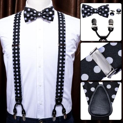 Mens Black Dot Suspenders Shirt Bow Tie White Hanky Set Woven Y-Back Silk Suspender No-slip Silver Clips Barry.Wang BB-2003