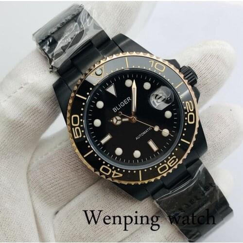 Bliger 40mm New Mens Casual Business Watch Black PVD case Sapphire Glass Luminous Date 24 Jewelry NH35 Movement Automatic Watch