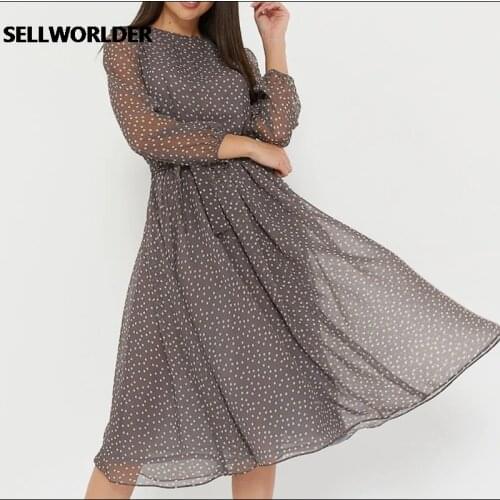 Casual O Neck Chiffon A Line Women Summer Dress Vintage Party Midi Vestidos Elegant Dot Print Long Sleeve Spring Dress