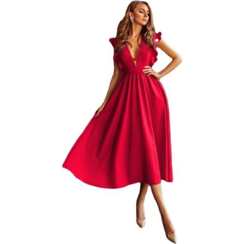 New Fashion Womens Dress Deep V Ruffle Sleeves Slim Waist Prom Party Midi Dress Sexy Solid Color Elegant Dress Vestido Midi