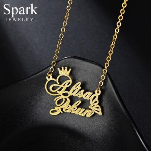 Spark Trendy Custom Frosted Double Name Necklace Gold Personalized Nameplate Crown Butterfly Necklaces For Women Jewelry Gift