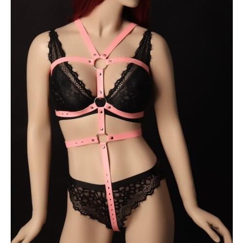 Pink Goth Leather Body Bondage Harness Lingerie Garters Sexy Women Cage Bra Sword Belt BDSM Rope Erotic Underwear Straps Fetish