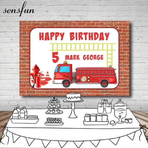 Sensfun Brick Wall Fire Truck Firemen Ladder Backdrop For Photo Studio Boys Happy Birthday Party Backdrop Vinyl Polyester