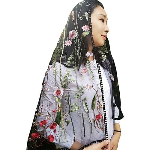 Wildflowers Black Floral Lace Wrap Mantilla Floral Vintage Inspired Lace Chapel Veils Velos de Novia Voile de Mariage Noir