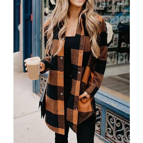 Women Elegant Casual Button Plaid Shirt Lady Autumn Turn-down Collar Loose Jacket Female Long Sleeve Windbreaker Shirt Coat