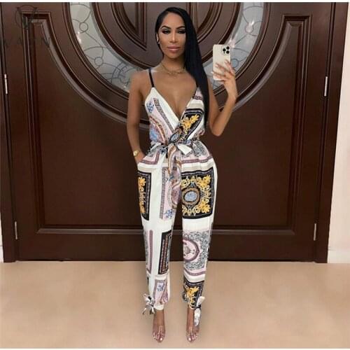 VAZN 2021 New Letter V-neck Shinny Pleated Sexy Lady Women Party Beach Jumpsuits Full Pant Bandage Rompers