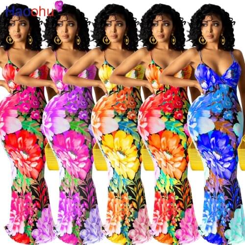 Floral Print Spaghetti Strap Women Dress 2021 Summer Deep V Neck Sleeveless Floor Length Dress Vintage Party Club Dress