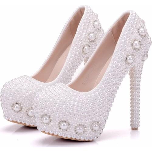 2020 new white pearl high heels wedding shoes rhinestone pearl shoes large size stiletto platform shoes