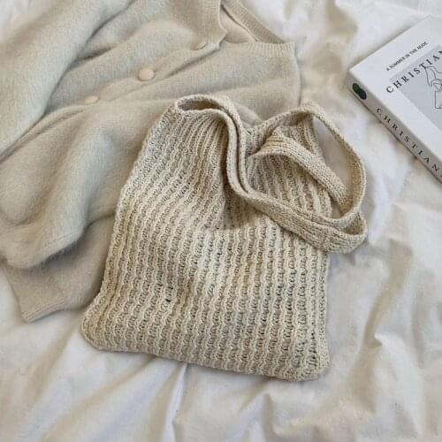 2021 Vintage Korean Style Fashion Knitting Shoulder Bag Trend Women Handmade Cotton Wool Crochet Woven Tote Shopper Handbag