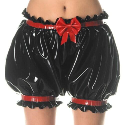 Black And Red Bows Trims Sexy Latex Bloomers Boxer Shorts With Loosely Smocking Rubber Underpants Underwear DK-0202