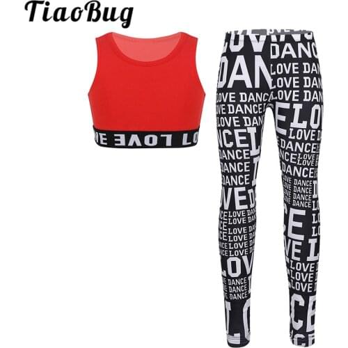 Kids Girls Sleeveless Round Neck Crop Top with Letters Printed Pants Leggings Tights Stage Performance Ballet Jazz Dance Costume
